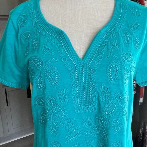Style & Co Turquioise Dress Heavy Embellishment on Bodice 100% Cotton Medium - Picture 2 of 8
